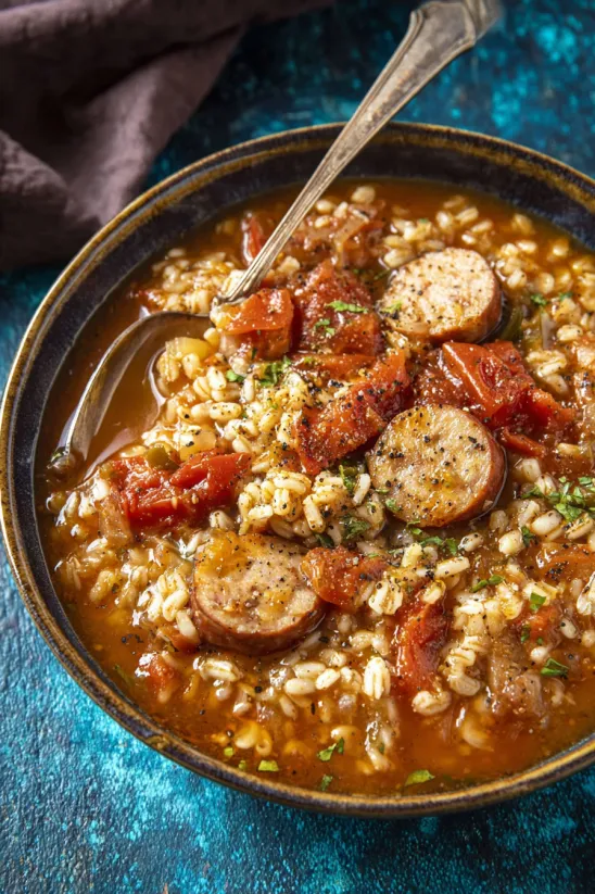 A bowl of soup with a spoon in it.