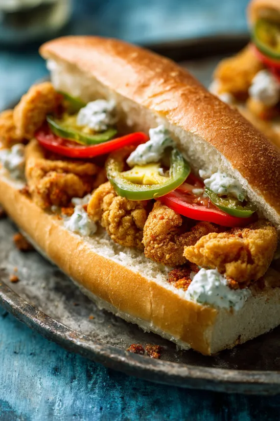 A sandwich with shrimp and blue cheese.