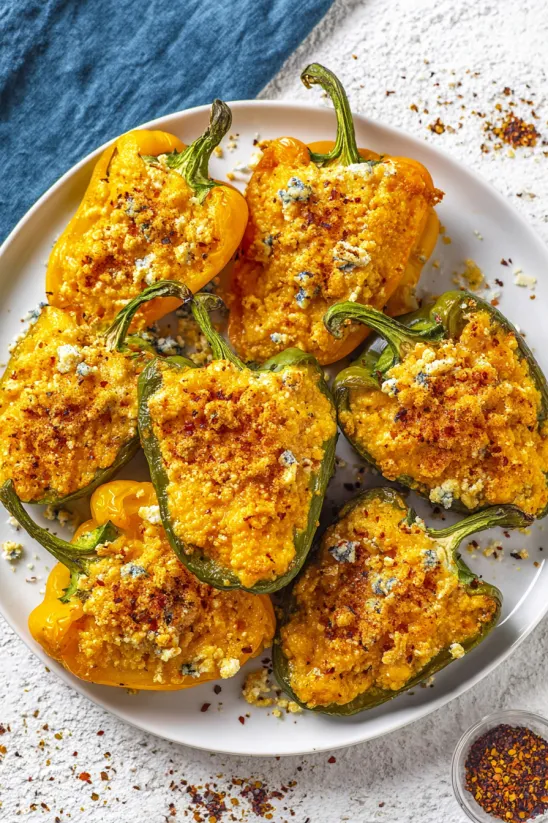 A plate of jalapeno poppers with cheese and blue food coloring.