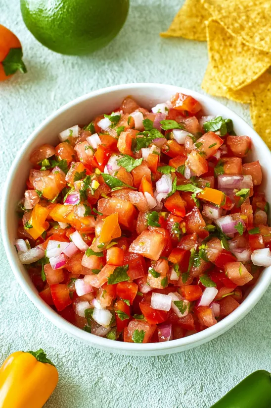 A bowl of salsa with tomatoes, onions, and cilantro.