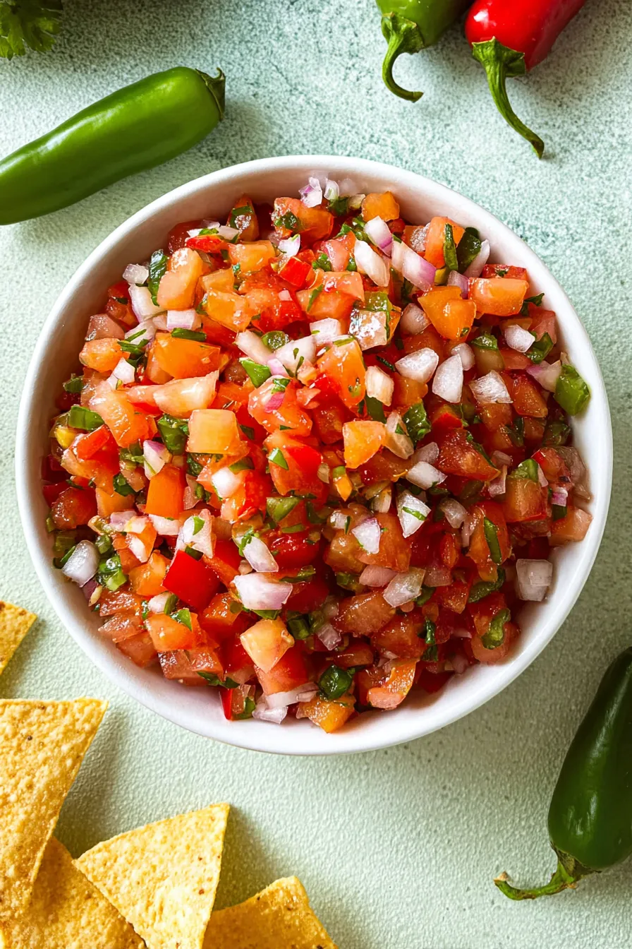 A bowl of salsa with tomatoes, onions, and peppers.