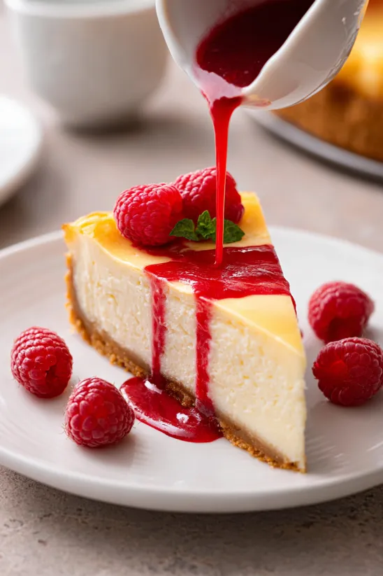 A slice of creme brulee cheesecake with raspberries on top.