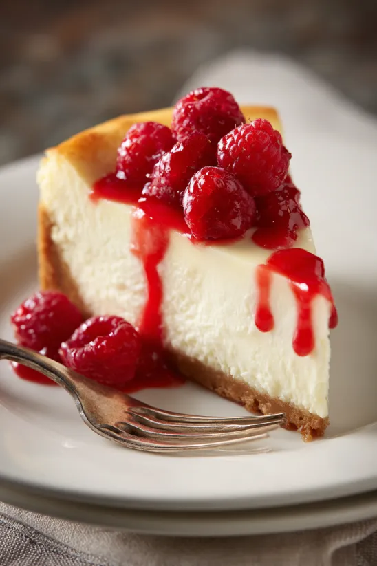 A slice of cheesecake with raspberries on top.