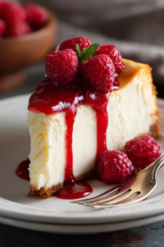 A slice of cheesecake with raspberries on top.