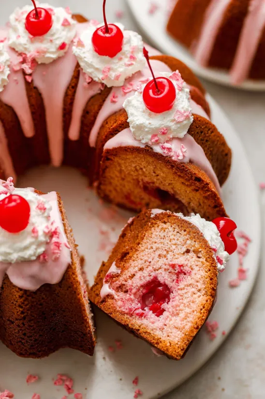 A slice of cherry almond bundt cake.