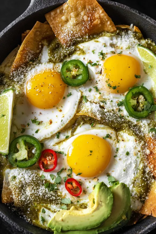 A plate of food with eggs, peppers, and lime.