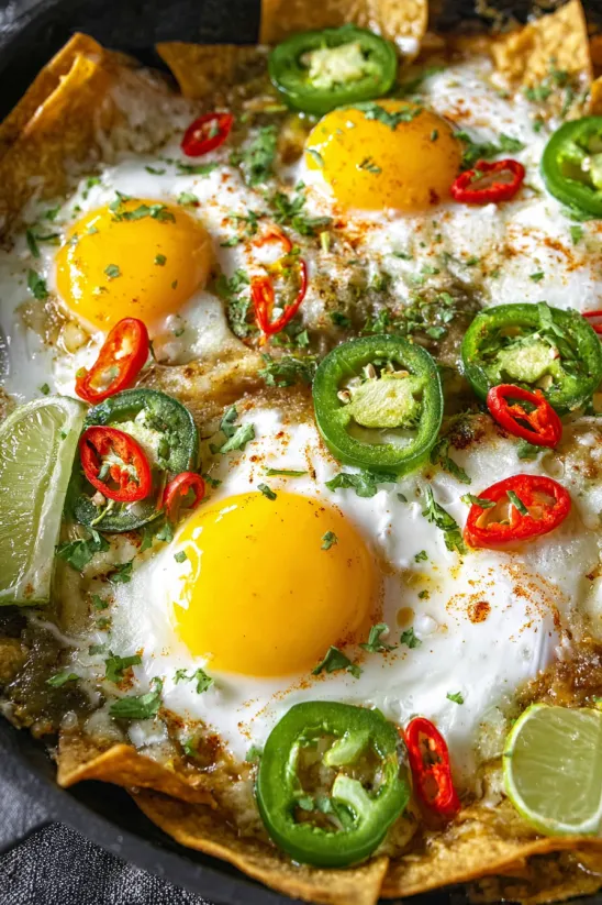 A fried egg with peppers and lime.