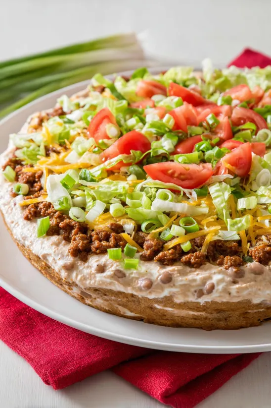 A layered taco dip recipe on a plate.