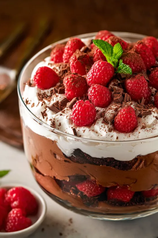 A chocolate dessert with strawberries on top.