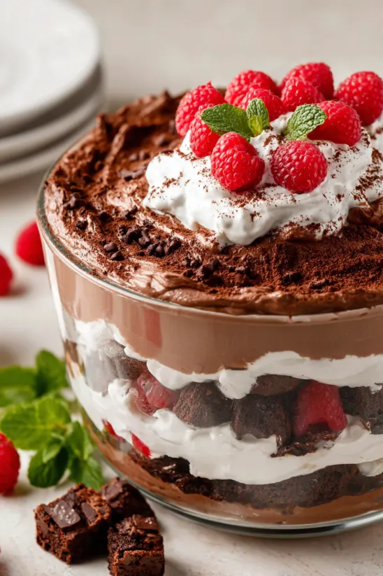 A close up of a Raspberry Brownie Trifle.