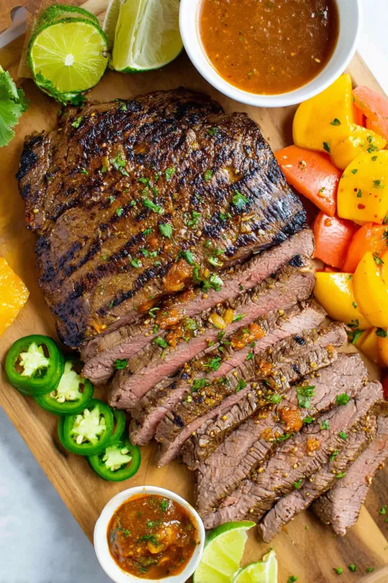A plate of food with a steak and peppers.