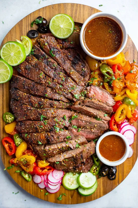 A plate of food with a steak and vegetables.