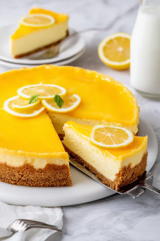 A slice of lemon cheesecake with a lemon wedge on top.
