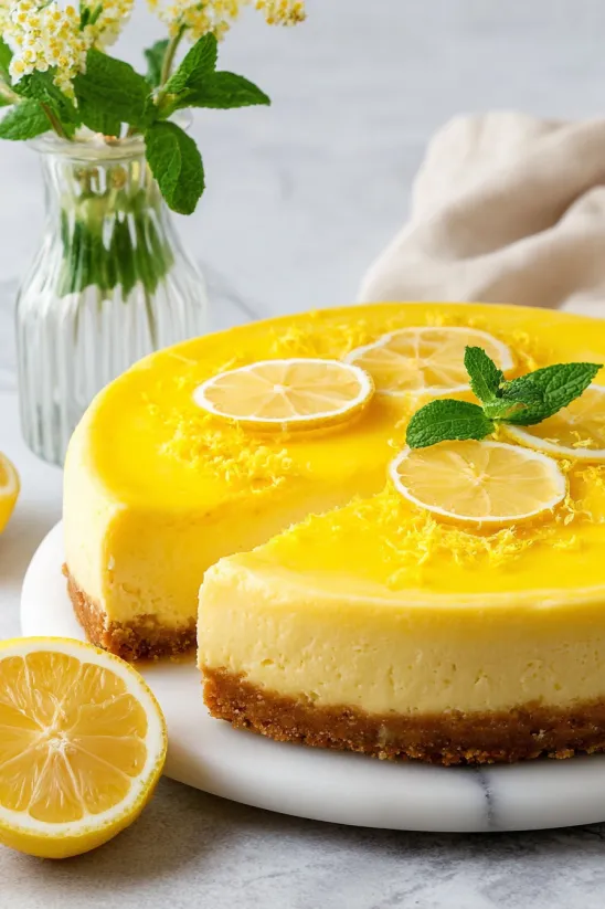 A slice of lemon cheesecake with a lemon wedge on top.