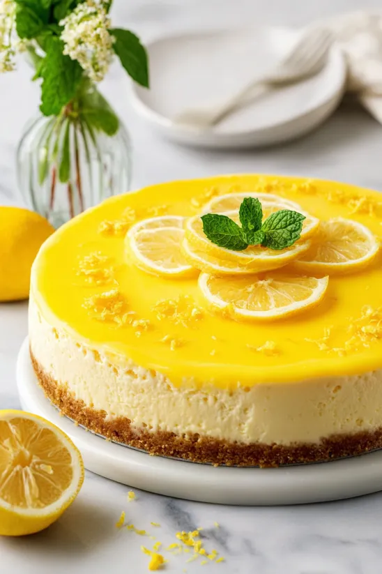 A slice of lemon cheesecake with a mint leaf on top.