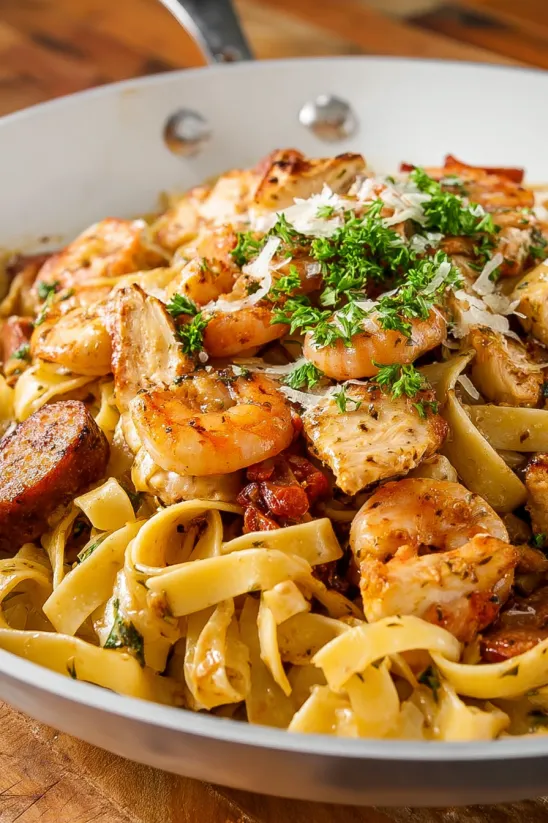 A dish of Cajun Pasta with Sausage, Shrimp & Chicken.