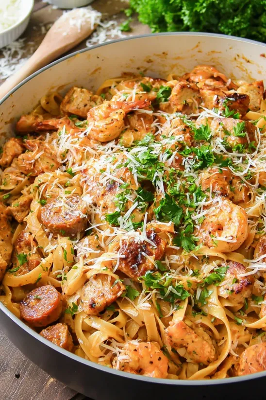 A bowl of pasta with chicken and shrimp.