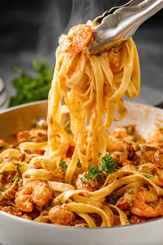 A fork is in a bowl of pasta.