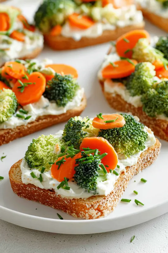 A plate of veggie pizza with carrots and broccoli on top.