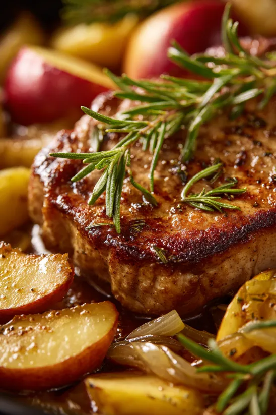 A piece of pork tenderloin with apples.