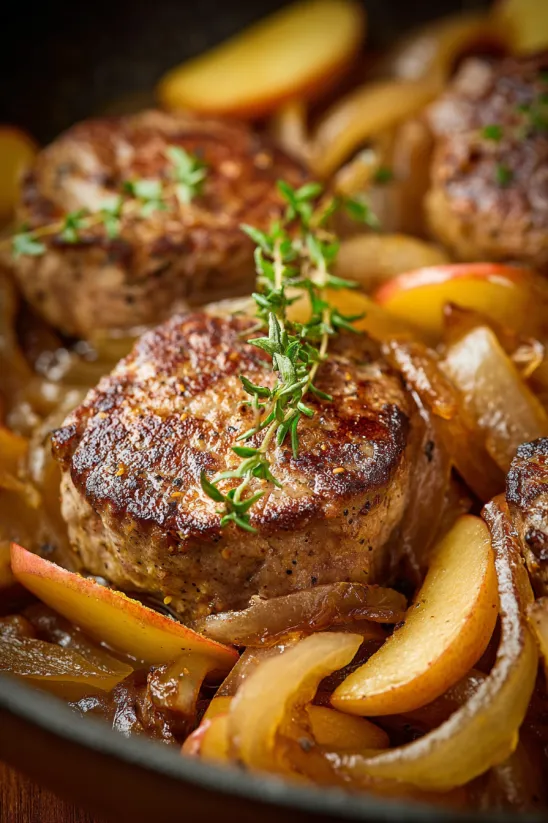 A close up of a piece of meat with herbs on top.