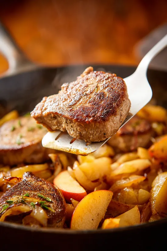A piece of meat is being lifted from a pan.
