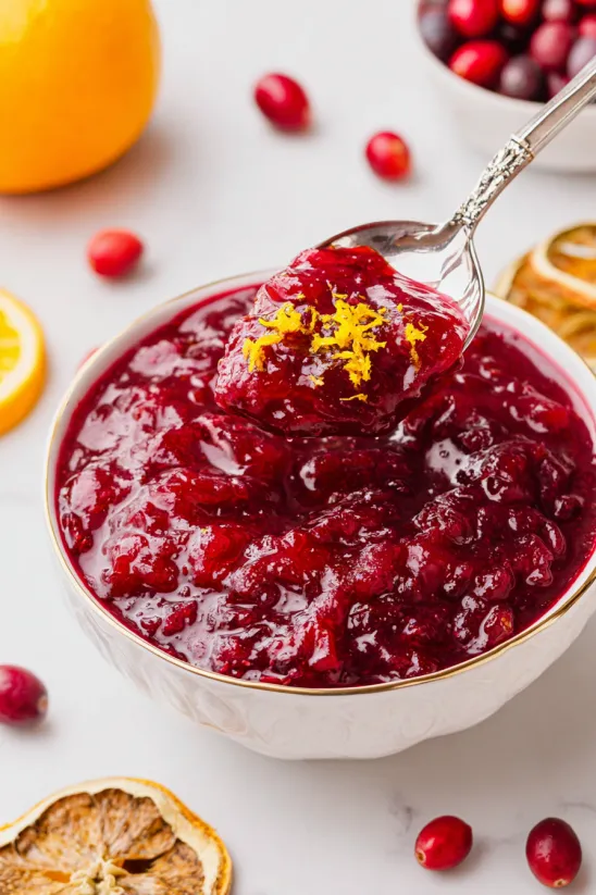 A bowl of cranberry orange sauce with a spoon in it.