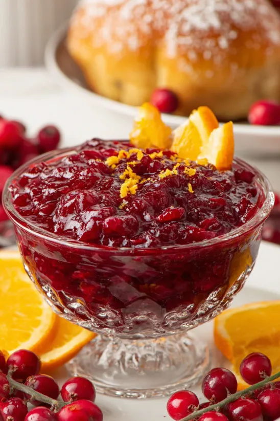 A bowl of red jello with orange slices on top.