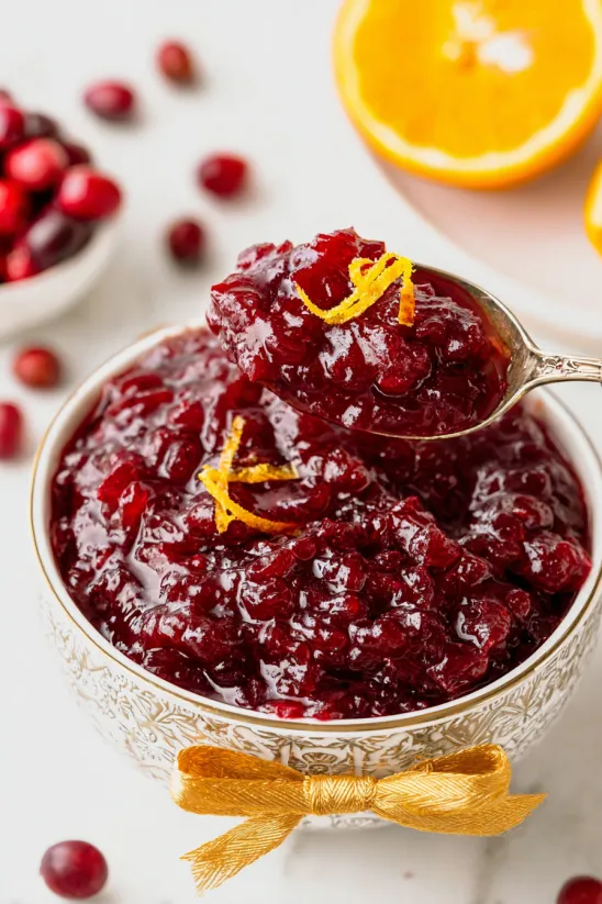 A bowl of red jello with orange slices on top.