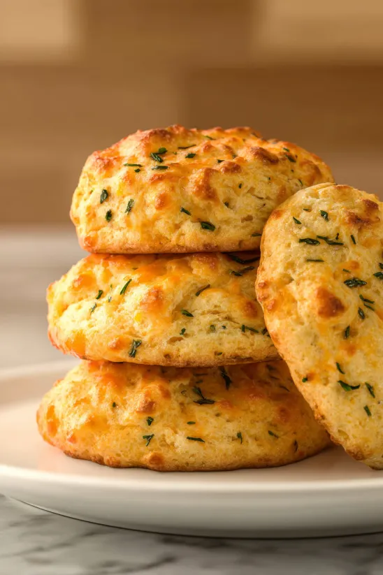 Garlic cheddar biscuits stacked on a plate.