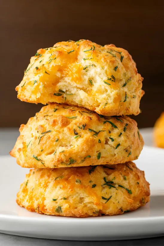 Three stacked biscuits with green herbs on top.