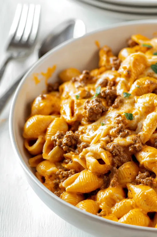 A bowl of macaroni and cheese.