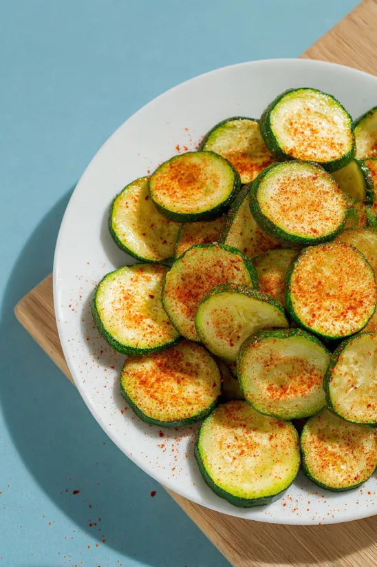 A plate of sliced zucchini with seasoning.