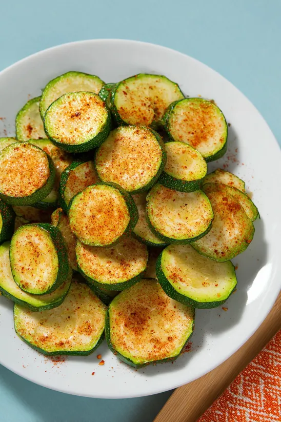 A plate of sliced zucchini with seasoning.