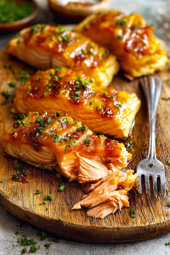 A piece of cooked salmon on a wooden cutting board.