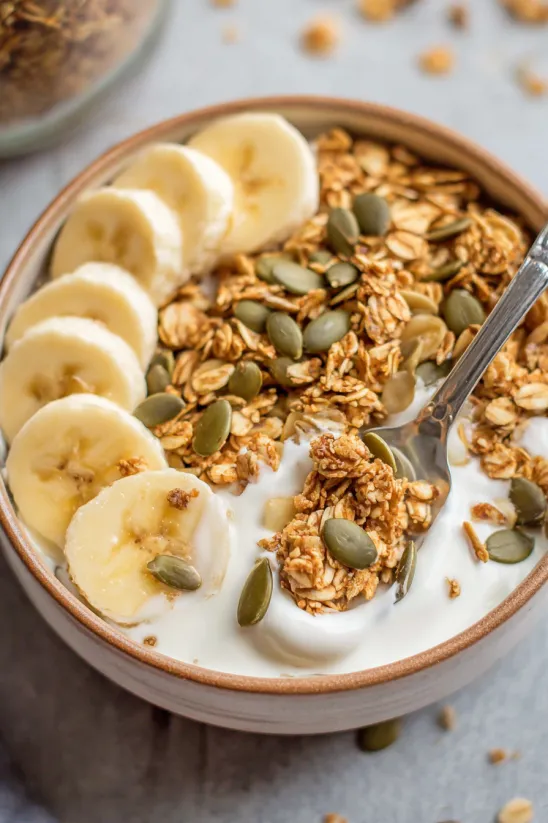 A bowl of granola with bananas.
