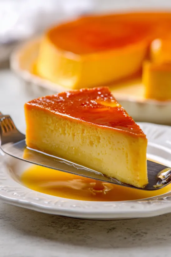 A slice of flan on a plate.