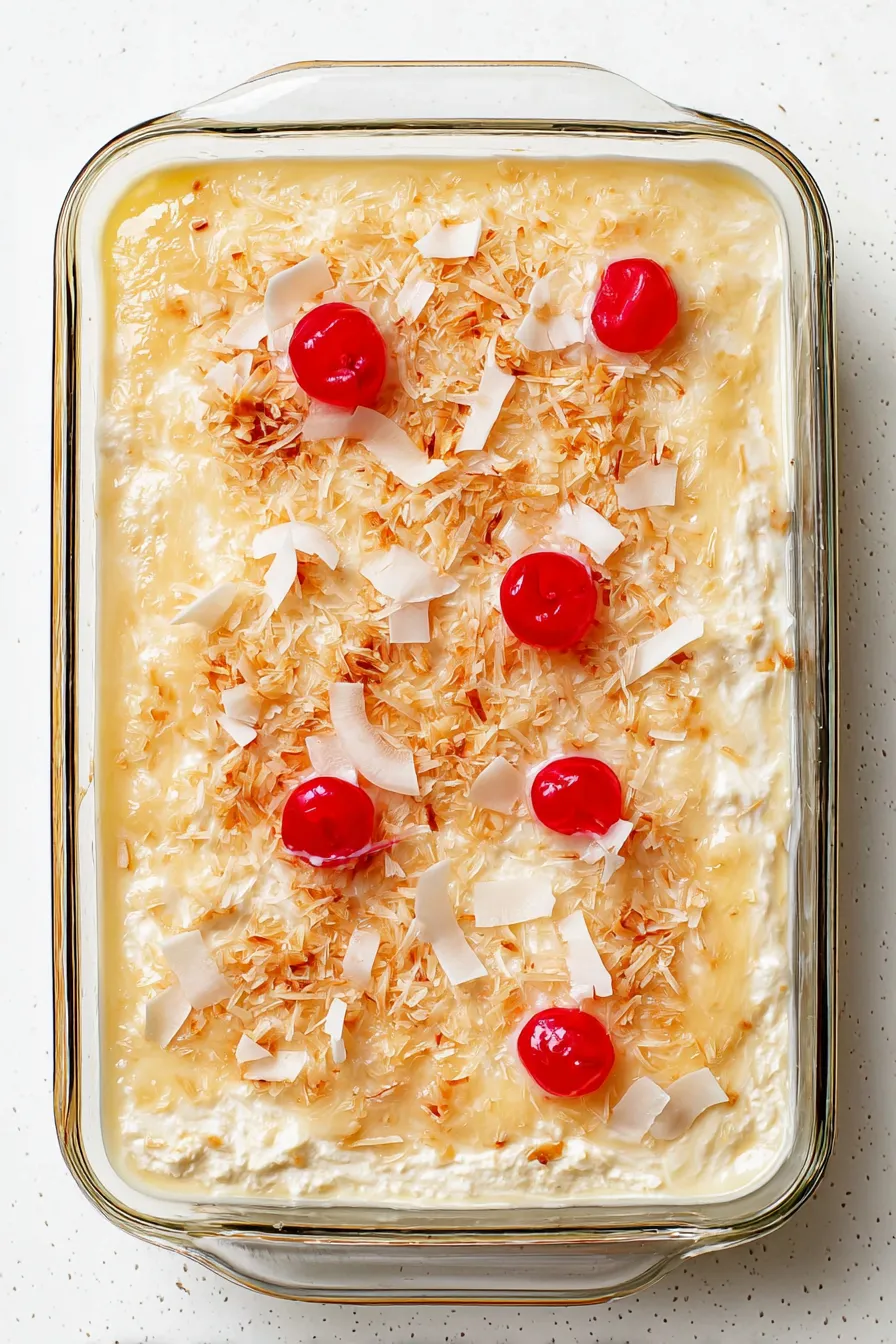 A casserole with coconut and cherries on top.