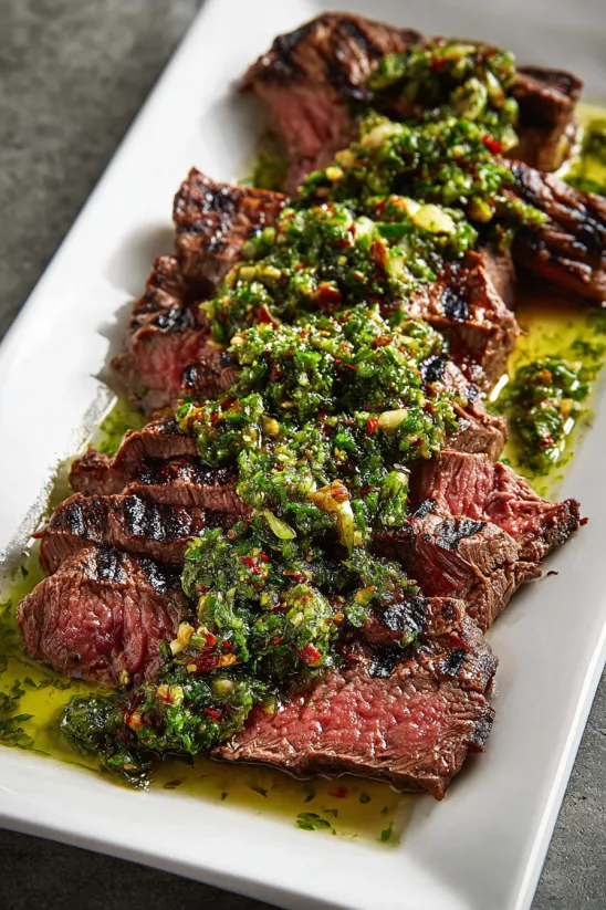 A plate of steak with a green sauce.