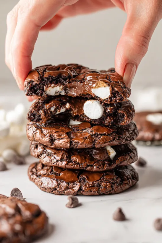 A stack of chocolate marshmallow cookies.