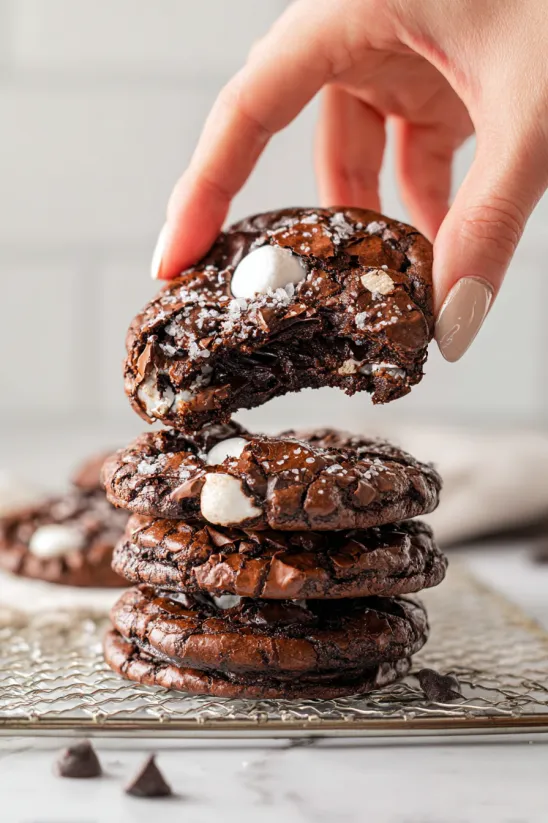 A hand holding a cookie with marshmallows on top.