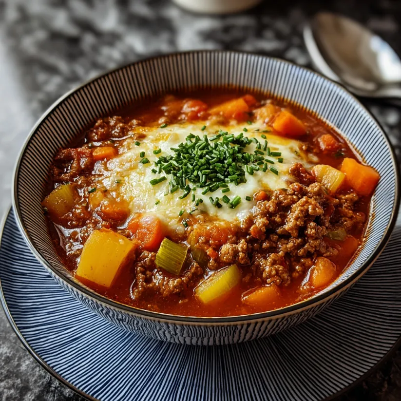 A bowl of cabbage soup with ground beef.