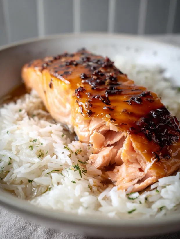 A piece of cooked salmon on a plate.