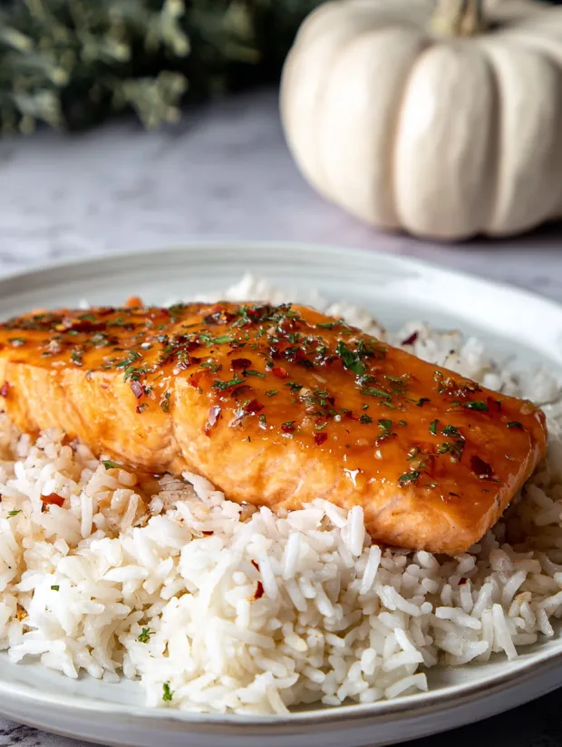 A plate of rice with a piece of fish on top.