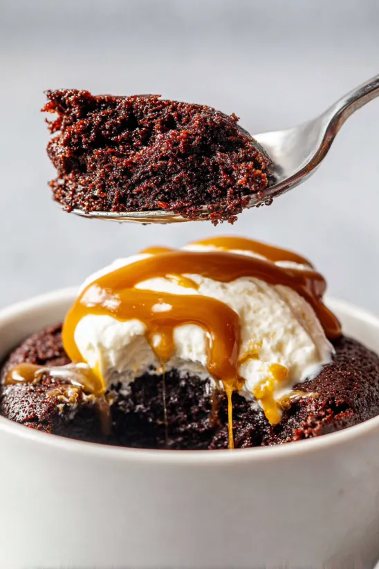 A close up of a chocolate peanut butter mug cake with a spoon in it.