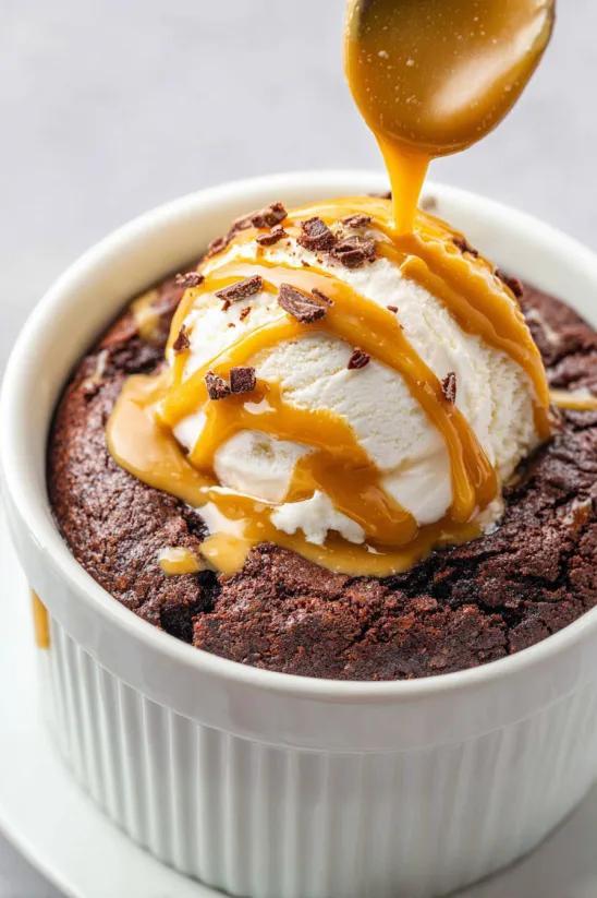 A bowl of chocolate cake with caramel sauce drizzled on top.