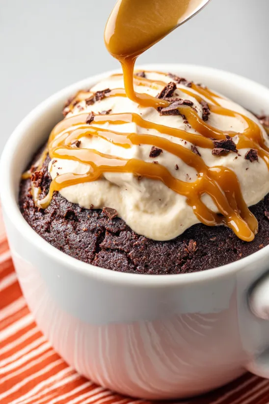 A cup of chocolate cake with caramel sauce.