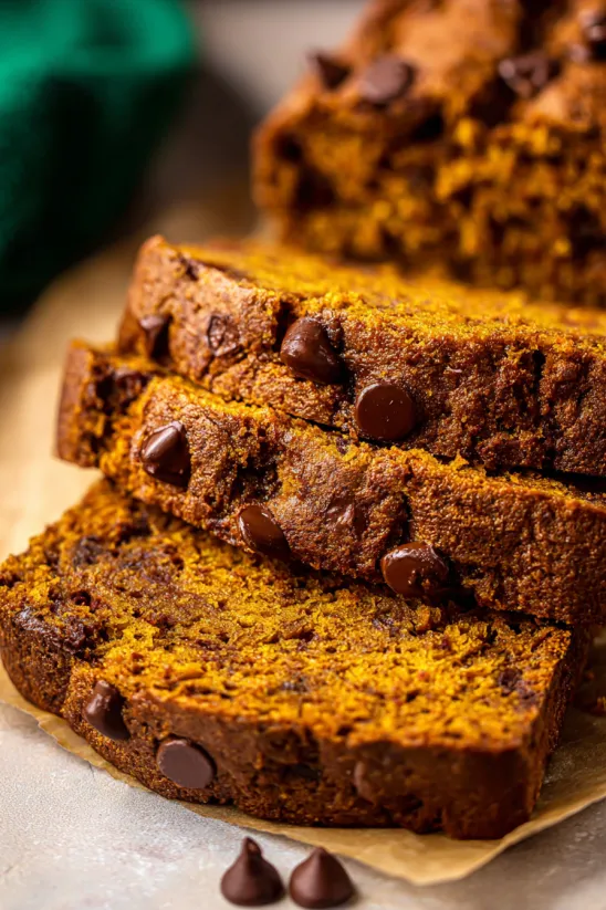 Three slices of pumpkin chocolate chip bread.