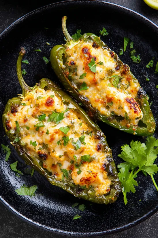 Two peppers with cheese on top.