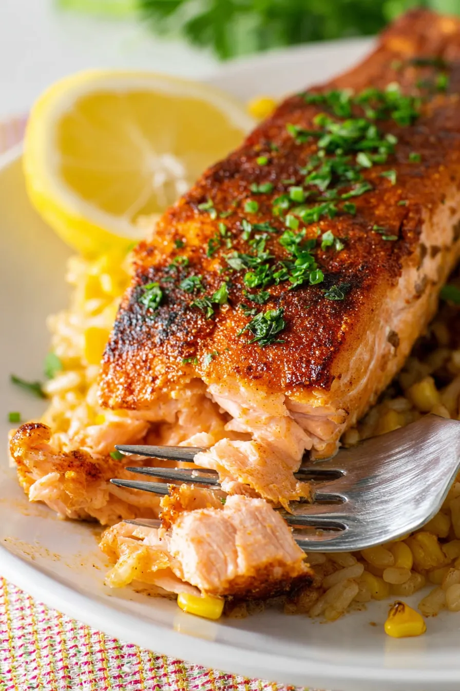 A fork with a piece of fish on it.
